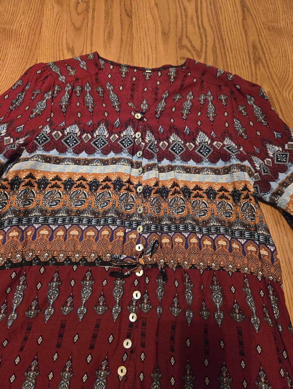Bohemian Red Maxi Dress Button Front Print Slit Boho Duster Cardigan Casual XL - Picture 12 of 12
